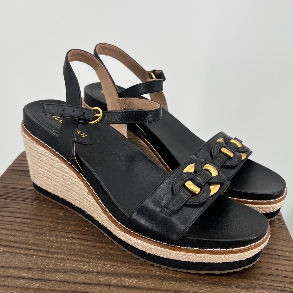 Cole Haan Cloudfeel Black Leather Espadrille Wedge Sandals Gold Link 8.5 NWOT
